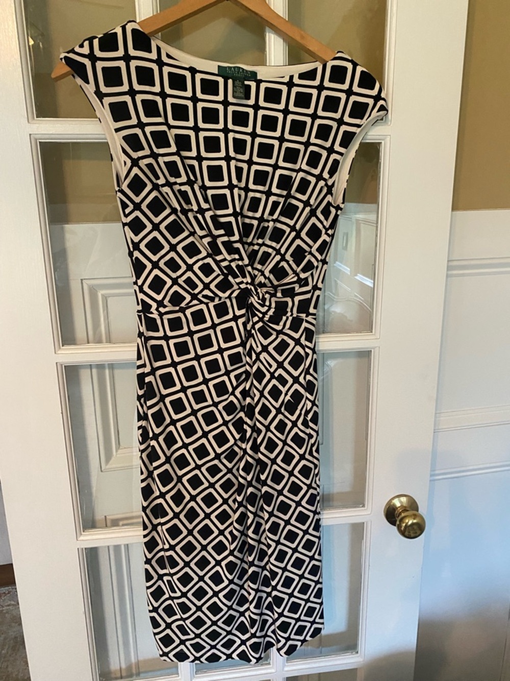 Lauren Ralph Lauren Black & White Geometric Knot-Front Midi Dress